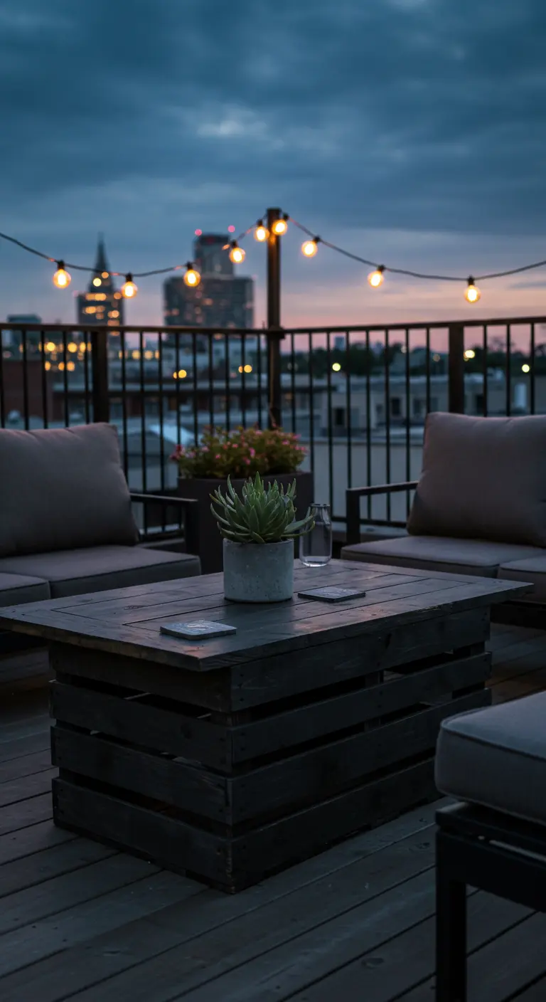 Dark wood crate table on a city rooftop deck with string lights.