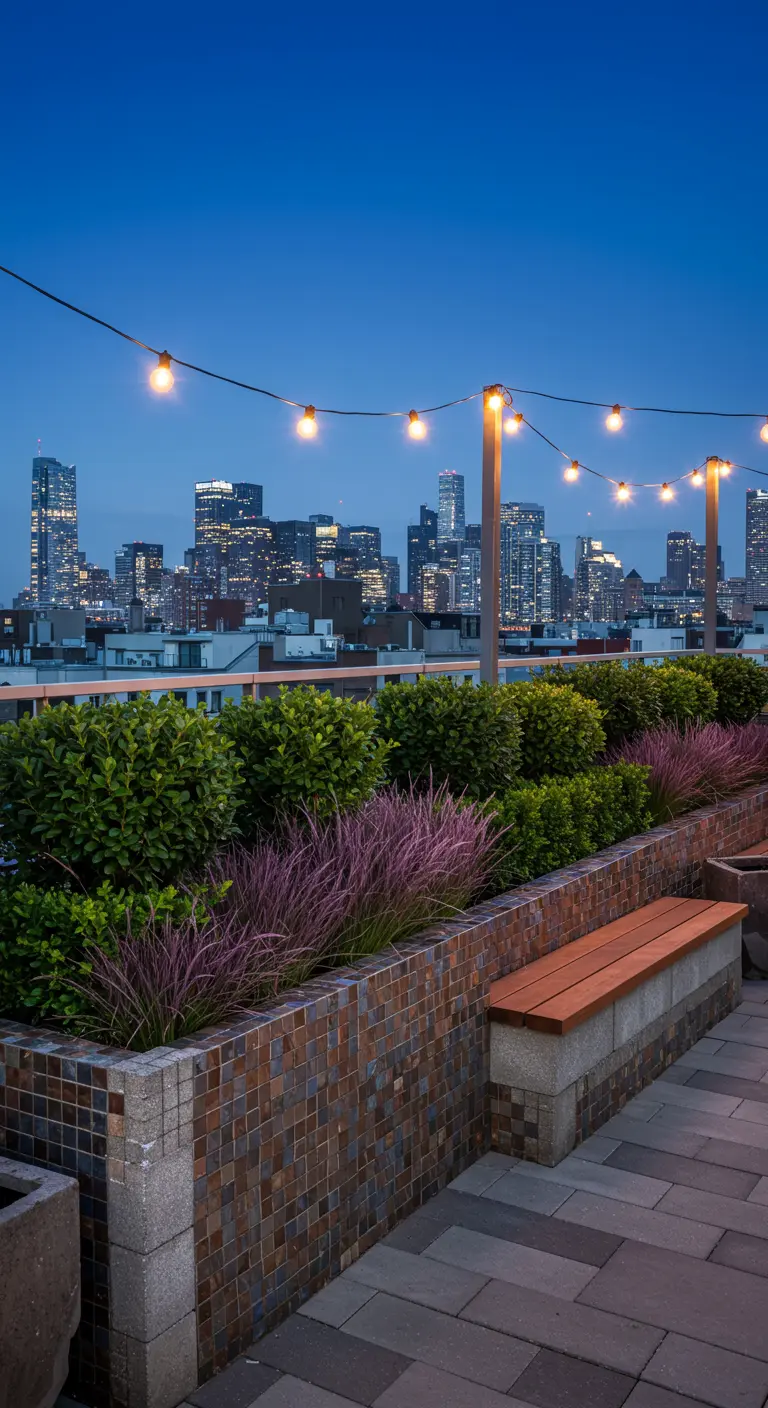 A long rooftop planter with brown mosaic tiles holds shrubs against a city skyline at dusk.