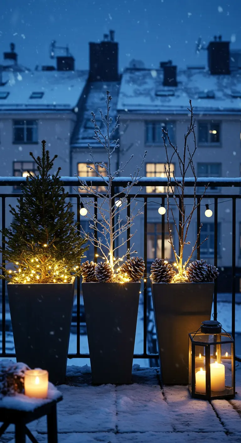 Three modern planters on a snowy city balcony at dusk.