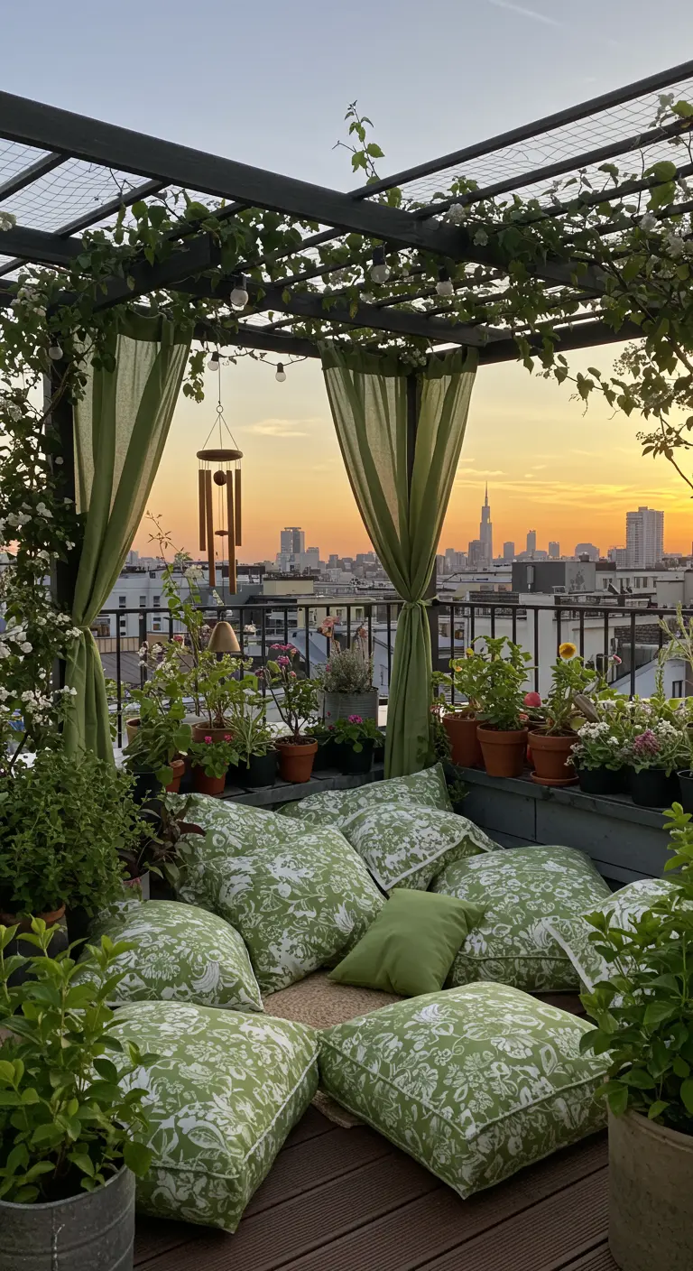 Rooftop garden with a vine-covered pergola and green floral-print cushions.