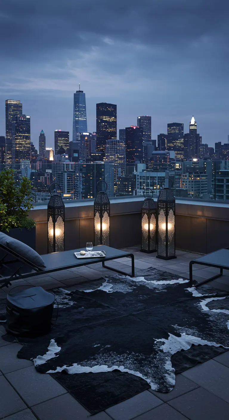 A city rooftop at night with dark loungers, a black cowhide rug, and tall black lanterns.