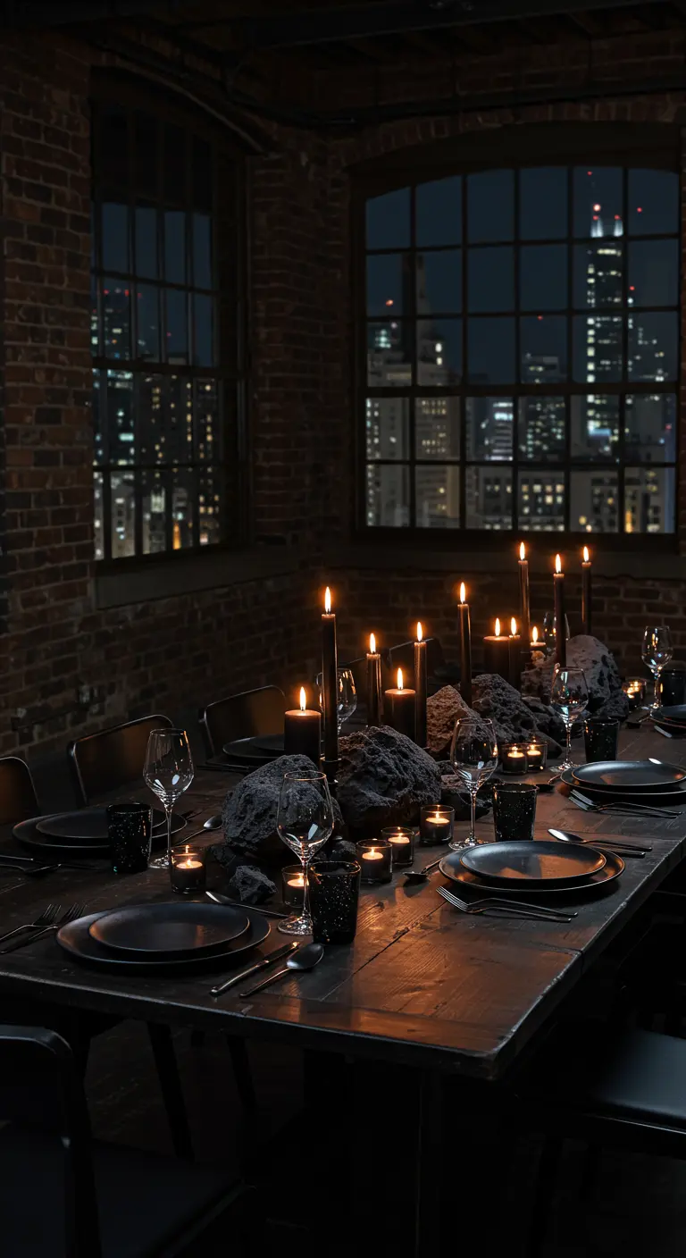 A moody dinner table with volcanic rocks and black candles in a city loft at night.