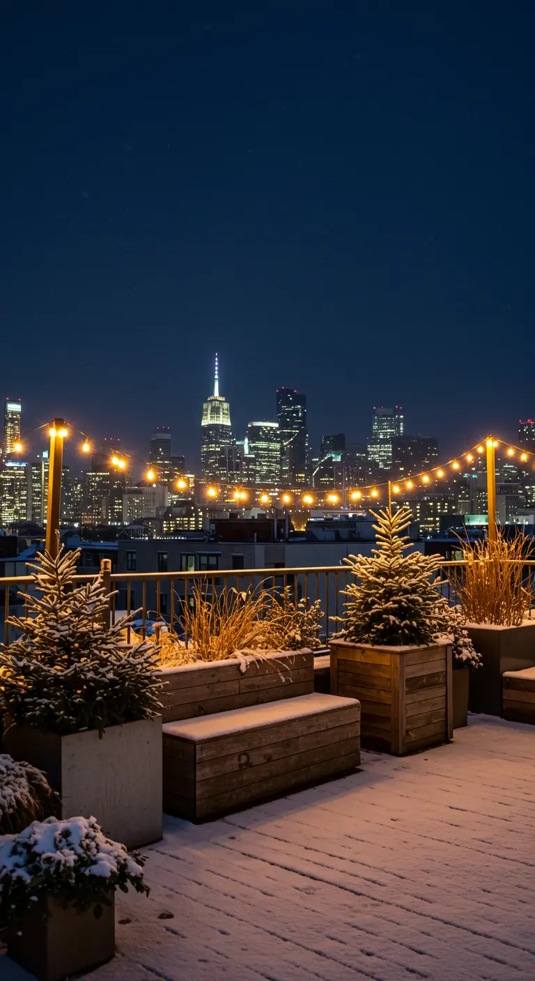 A snowy rooftop terrace with wooden planters, evergreen shrubs, and string lights overlooking a city.