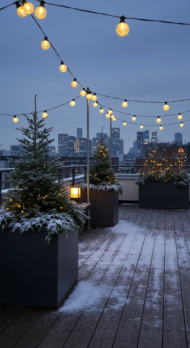 A snowy city rooftop terrace with lit Christmas trees in planters and string lights.