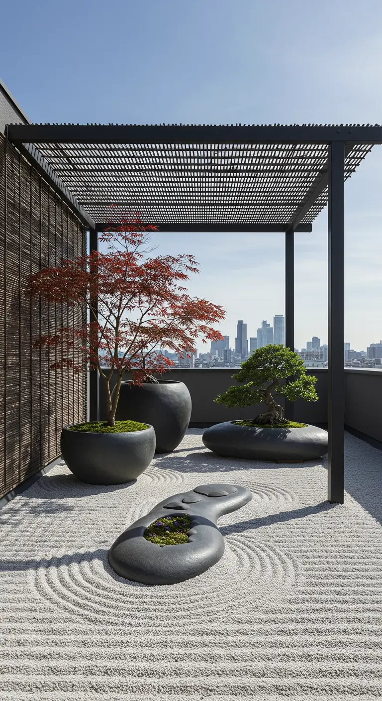 Rooftop zen garden with black pergola, raked gravel, Japanese maple, and a bonsai tree.