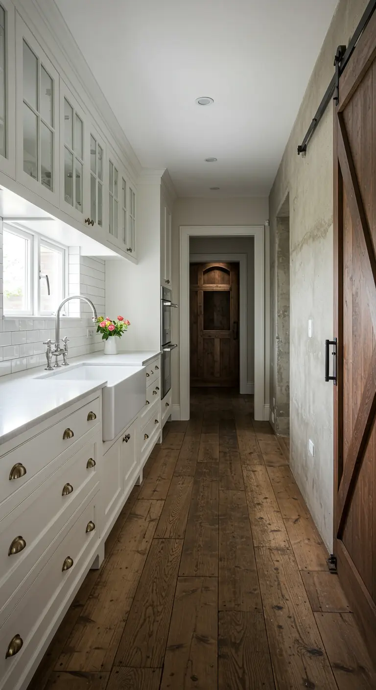 Narrow galley kitchen with white cabinets, wood floors, and a dark wood sliding barn door.