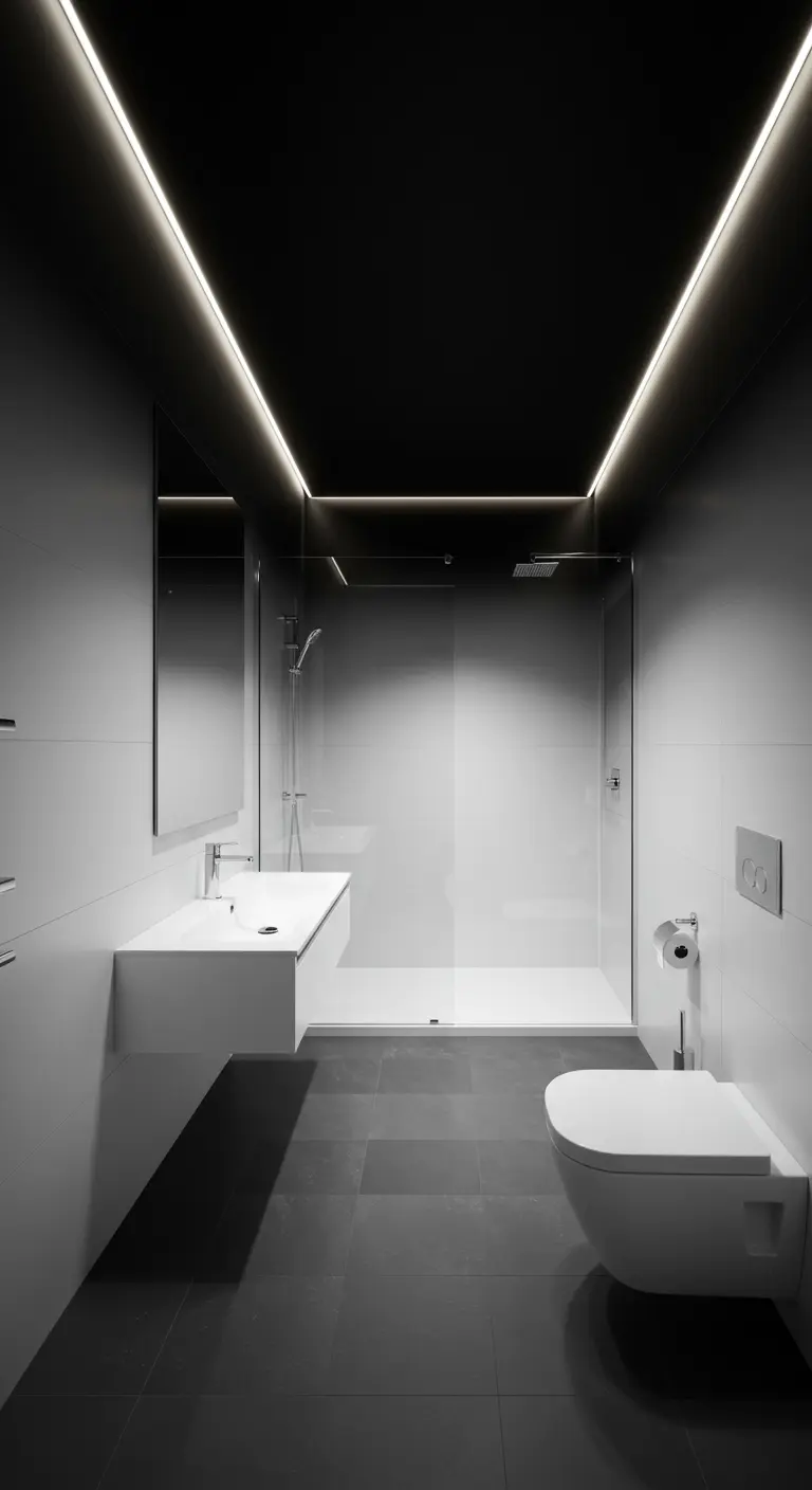Narrow minimalist bathroom with a black ceiling, white walls, and bright perimeter cove lighting.