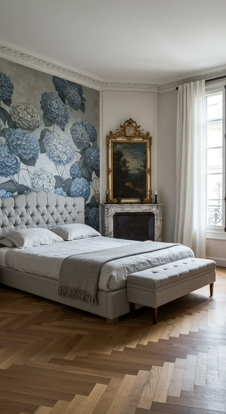 Bedroom with a blue hydrangea wall mural behind a grey tufted bed and a vintage mirror over a fireplace.