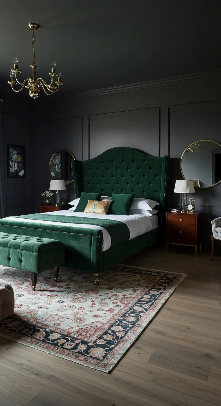Bedroom with dark charcoal walls and an emerald green tufted velvet bed with a winged headboard.