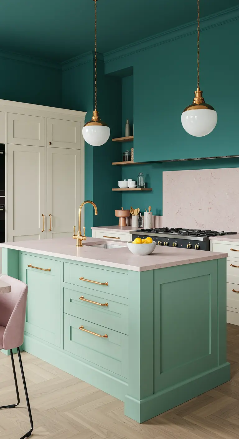 Kitchen with a mint island and white cabinets set against a deep teal wall.