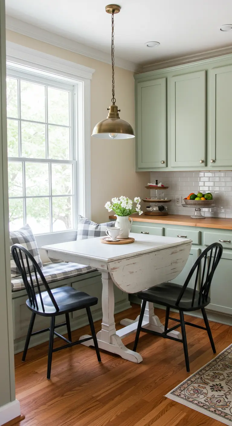 Eat-in kitchen with sage green cabinets and a white drop-leaf table.