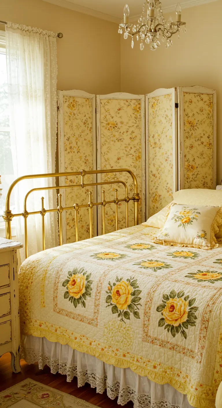 A vintage brass bed with a yellow rose quilt and a floral folding screen behind it.