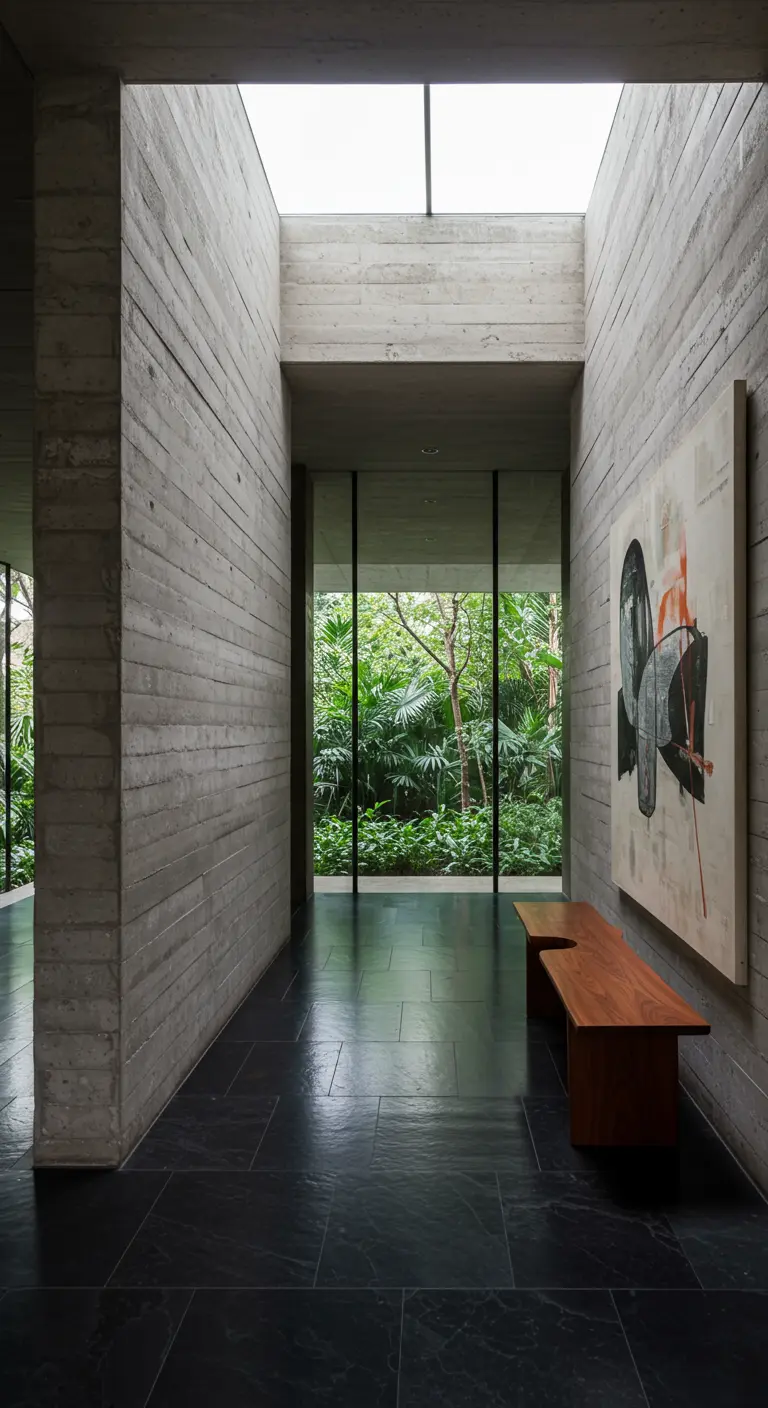 Concrete hallway with dark slate floors, a large painting, and a view to a garden.