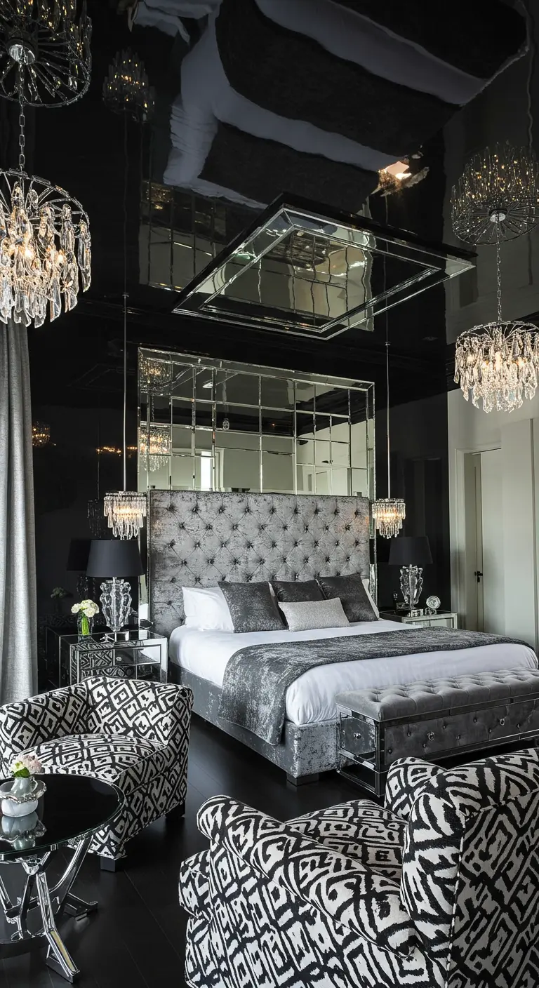 Luxurious bedroom with a high-gloss black ceiling, mirrored walls, and a silver velvet bed.