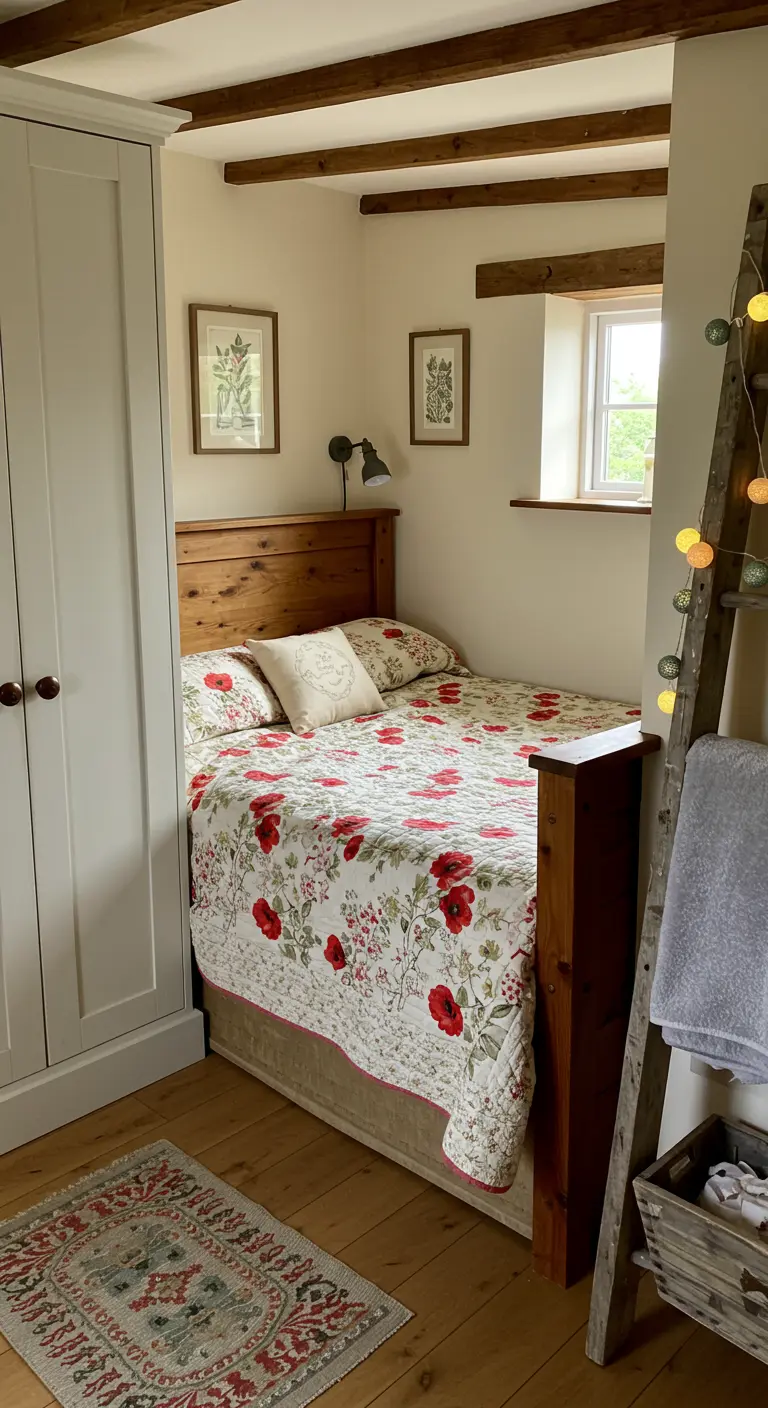 Small bed nook with a decorative ladder holding string lights and a towel.