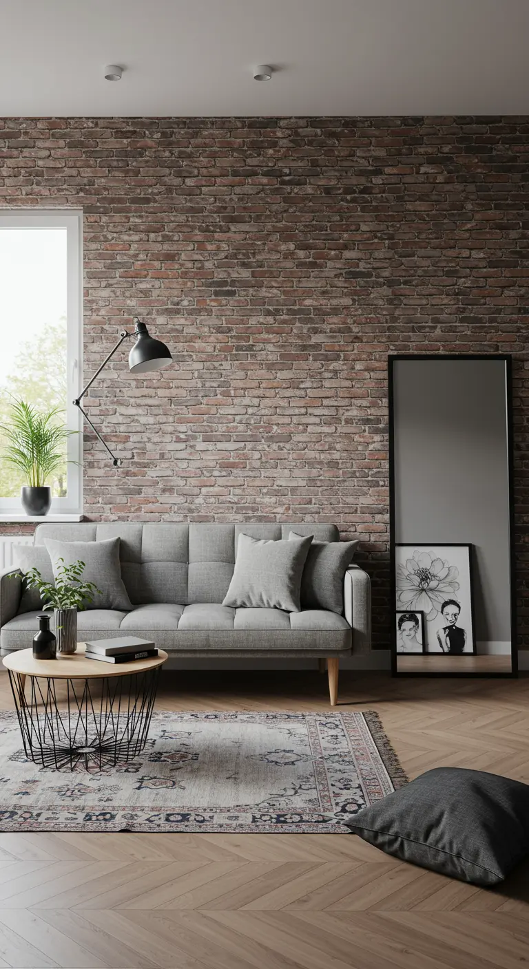 A large, black-framed floor mirror leaning against a brick wall in a compact living area.