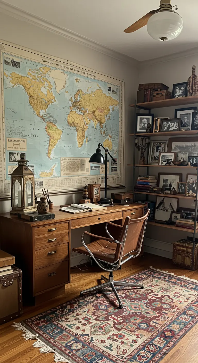 A home office with a large world map on the wall, a wooden desk, and industrial shelving.