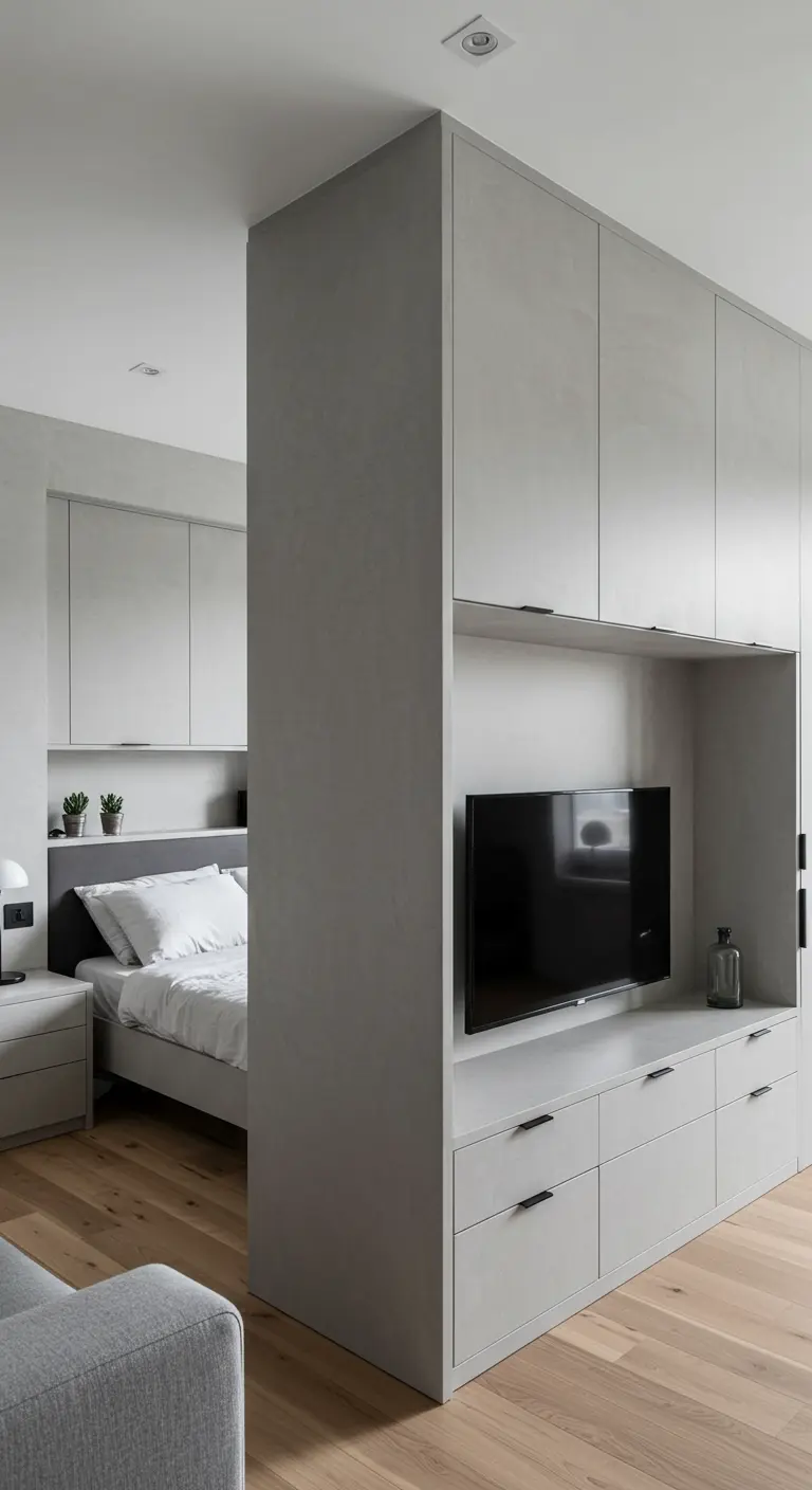 A gray media cabinet serving as a partial wall to divide a sleeping area from a living area.