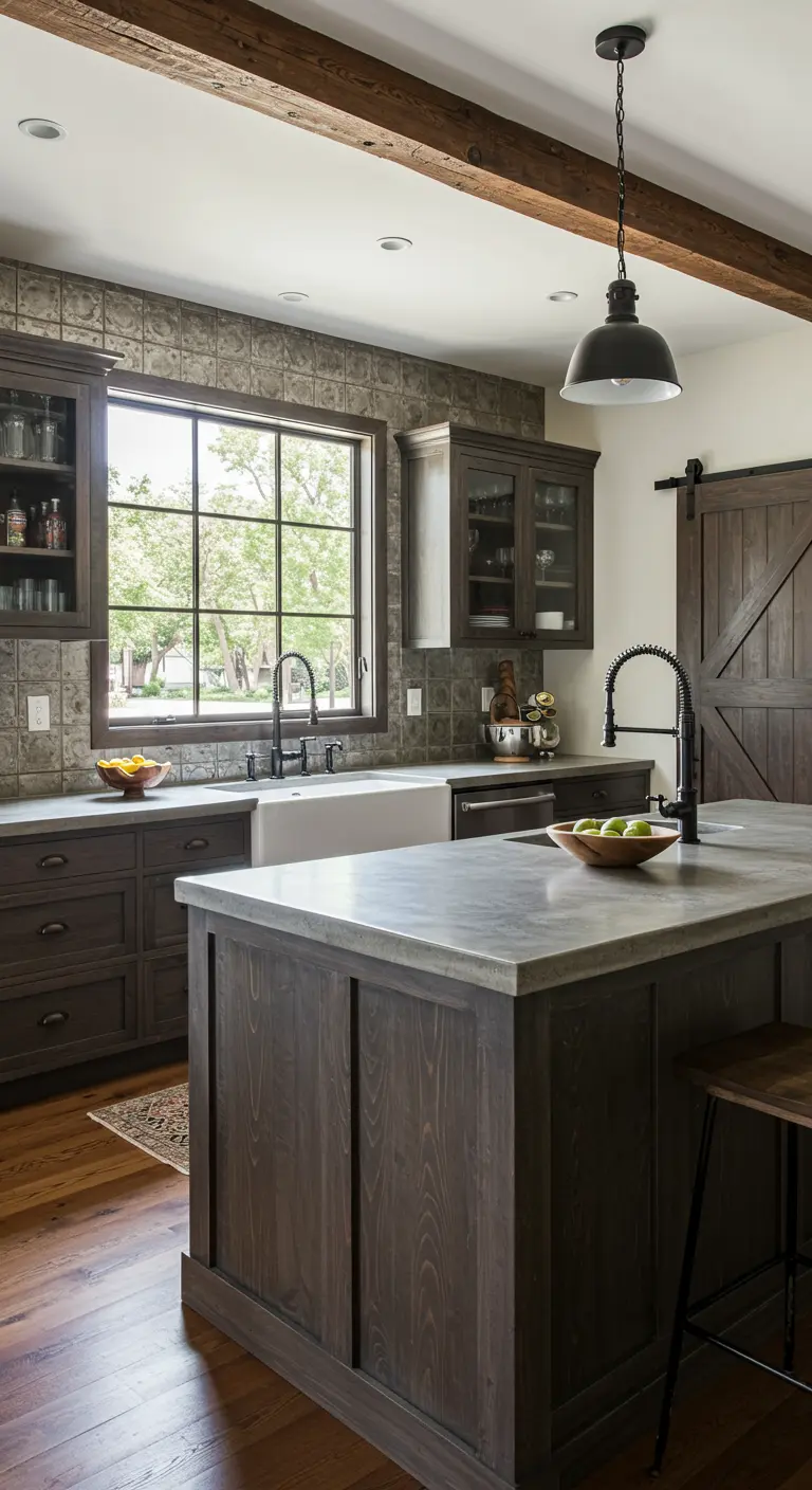 Kitchen with dark wood cabinets, concrete countertops, and a pressed tin tile backsplash.