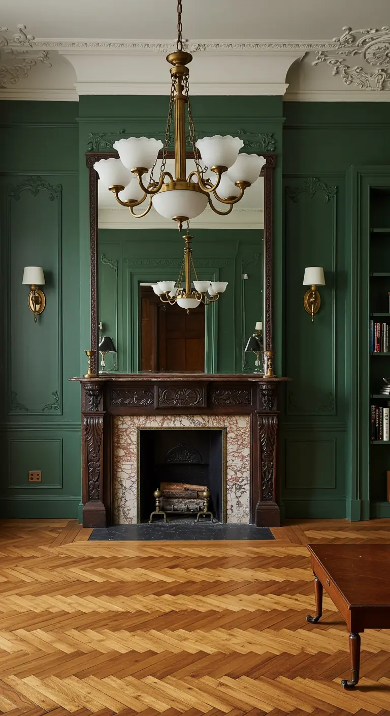 Traditional room with a large mirror over a dark wood fireplace, reflecting a chandelier.