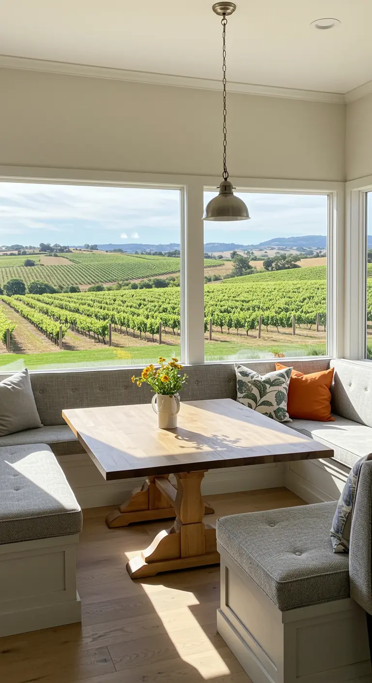 A breakfast nook with neutral grey cushions and a wood table overlooking a vast vineyard.