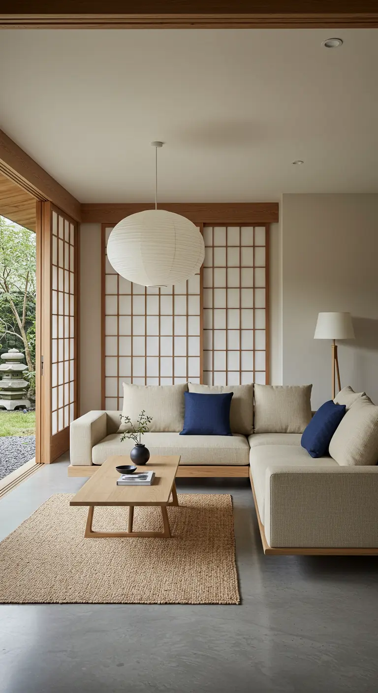 Japandi-style living room with a low-profile sofa, shoji screens, and a large paper pendant light.