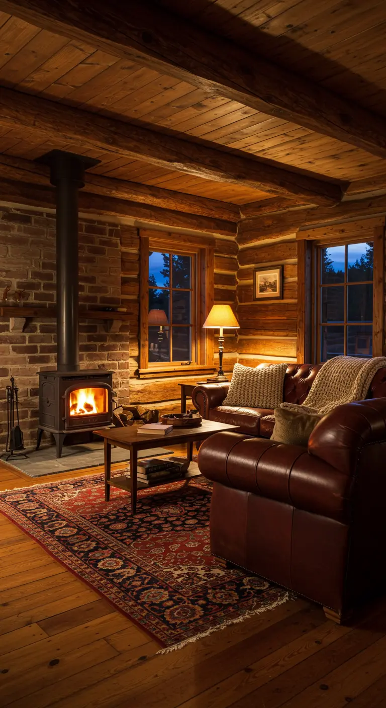 Cozy log cabin interior with a wood stove, two leather armchairs, and a patterned Persian rug.