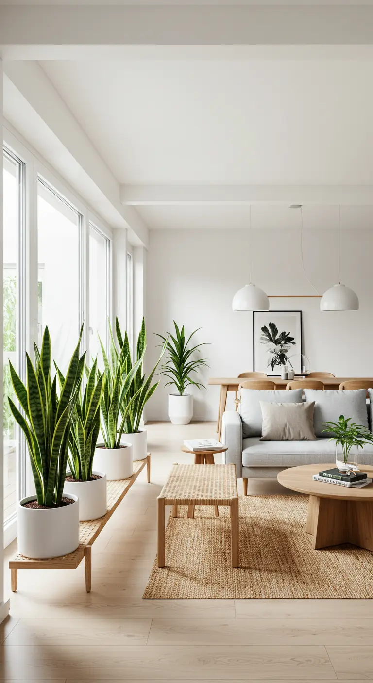 A row of snake plants in white pots on a low wooden bench in a minimalist living room.