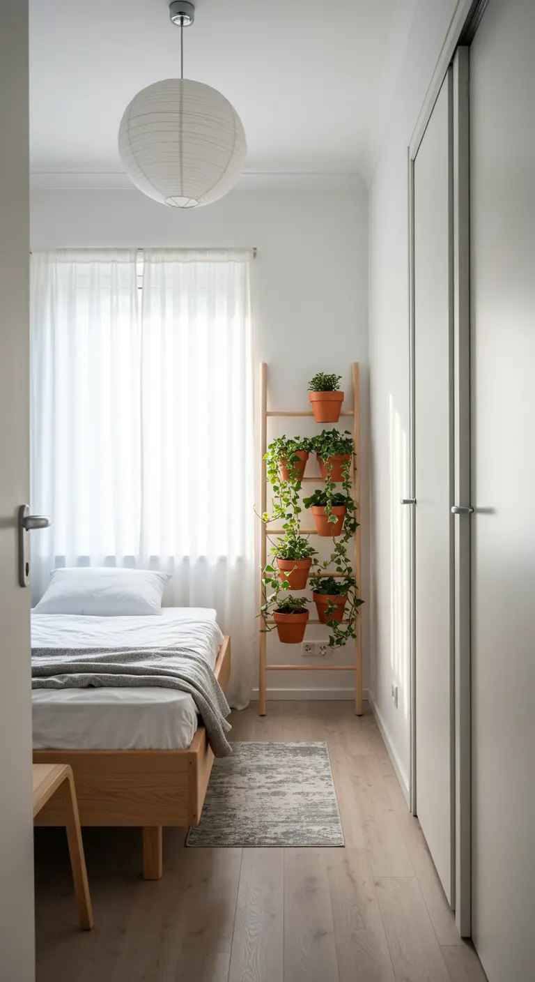 A narrow bedroom with a simple wooden ladder used as a stand for potted plants.