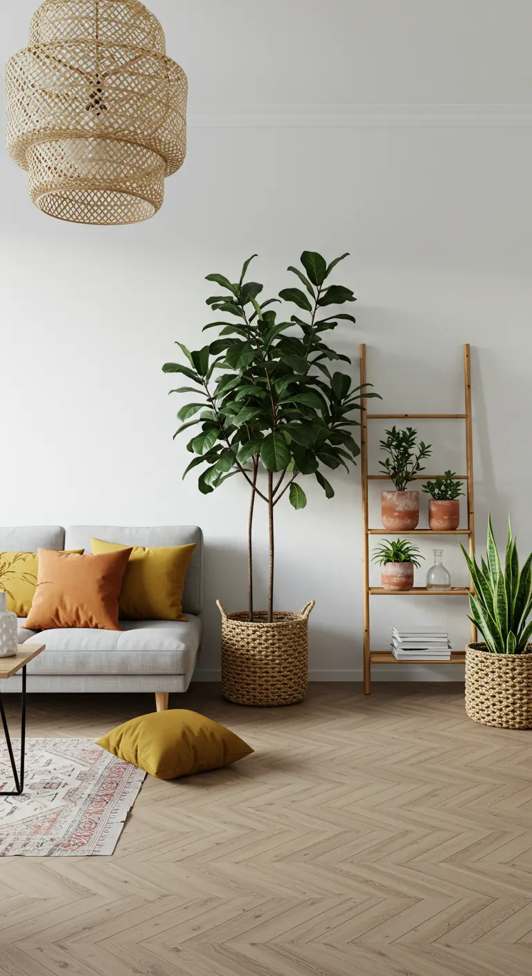Minimalist living room with a plant ladder, a large floor plant in a basket, and neutral sofa.