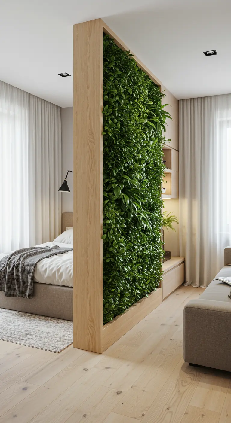 A freestanding living wall framed in light wood acts as a divider in a bedroom.