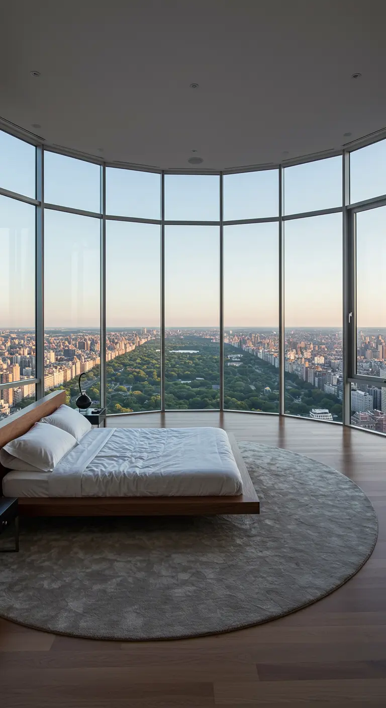 A bedroom with a panoramic curved window, where a large round rug anchors the bed.