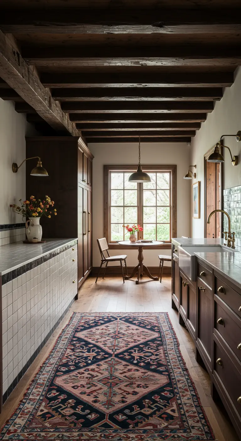 A narrow galley kitchen with dark wood cabinets, a long vintage runner, and a low tiled wall.
