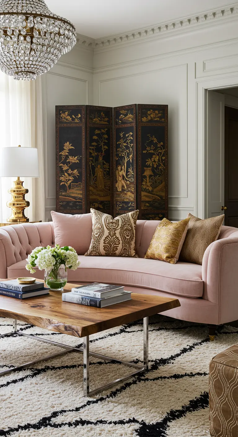 A living room with a pink sofa, a black and gold Chinoiserie screen, and a textured Moroccan rug.