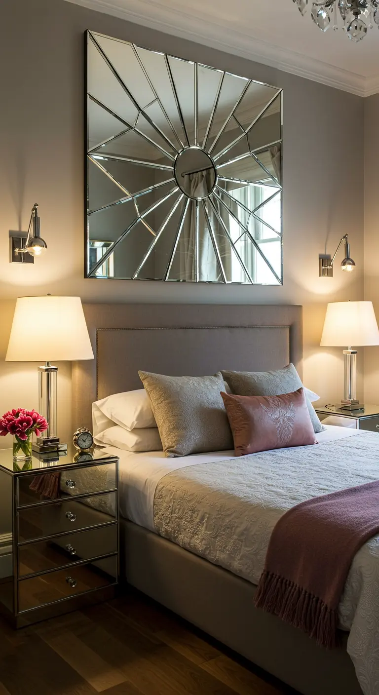 A large, segmented Art Deco sunburst mirror hanging over a bed with mirrored nightstands.