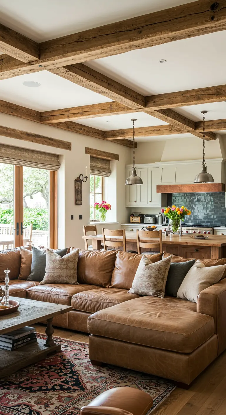 Open-plan living room with a large leather sectional facing a kitchen island with pendant lights.