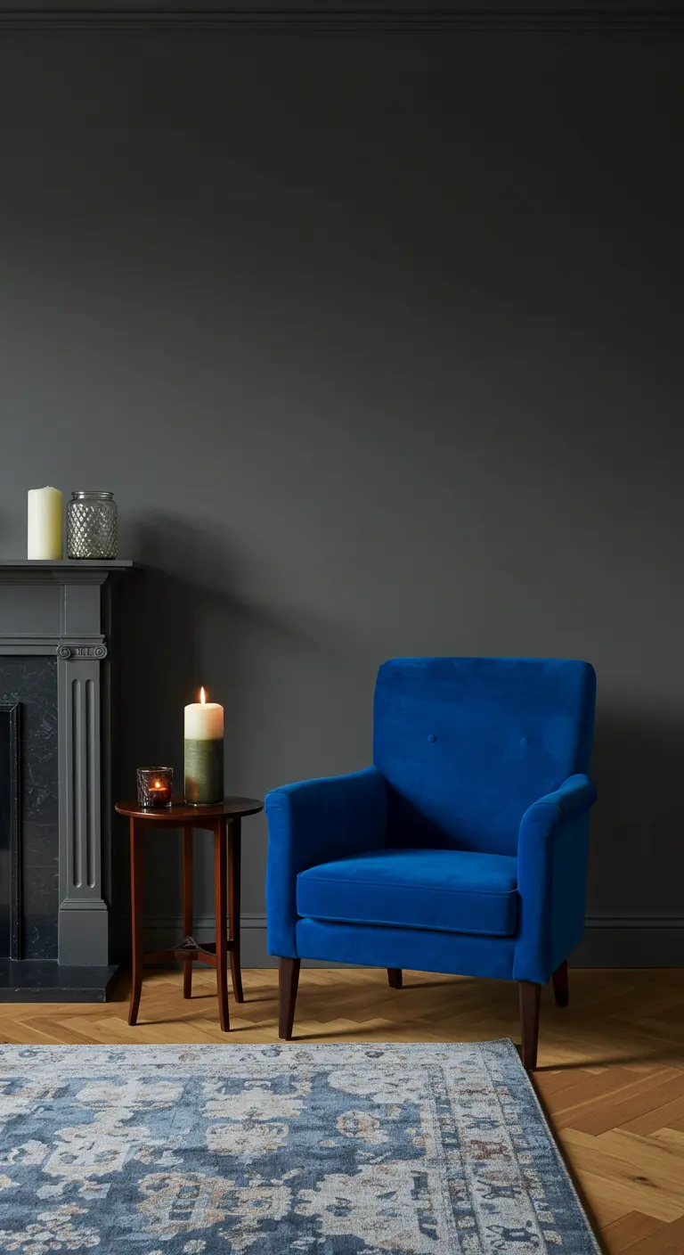 A single cobalt blue velvet armchair sits next to a dark gray fireplace.