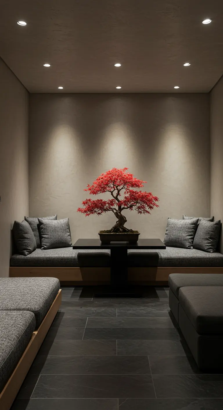 A striking red Japanese Maple bonsai sits on a table between two grey upholstered banquettes.