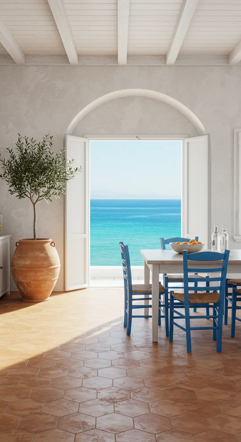 Dining area with blue chairs and terracotta hex tiles overlooking the sea.