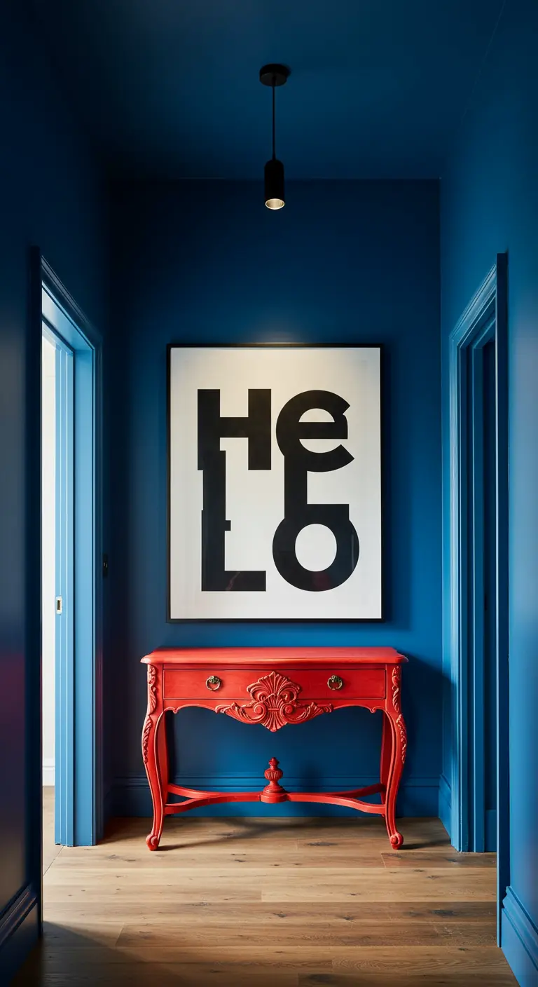 A deep blue hallway with a single bright red ornate console table and large typographic art.