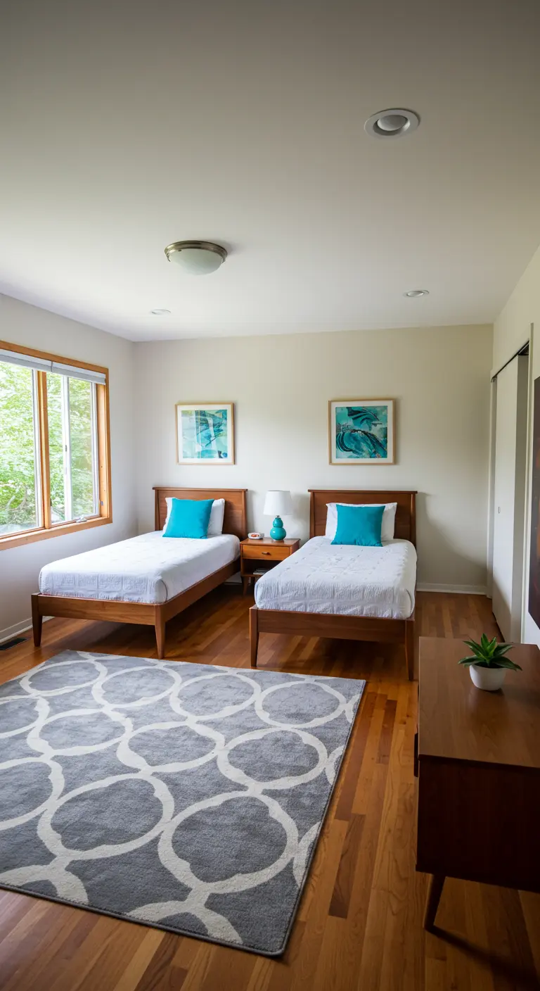 Bedroom with two wooden twin beds unified by a large gray and white geometric rug.