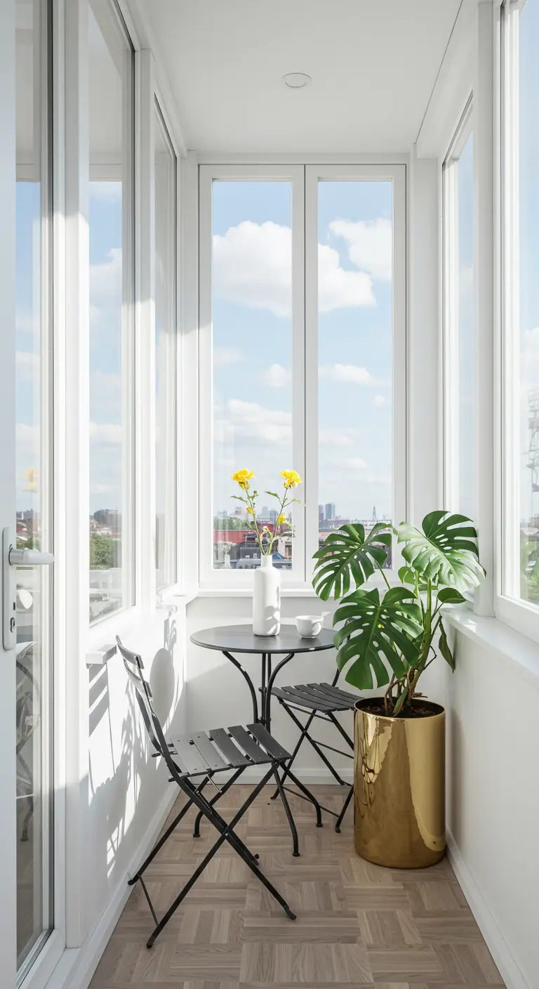 A small, sunlit balcony with a black bistro set and a large, shiny gold planter.