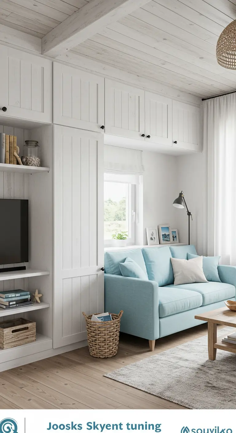 A white coastal-style media unit with a sliding paneled door to hide the TV or shelves.