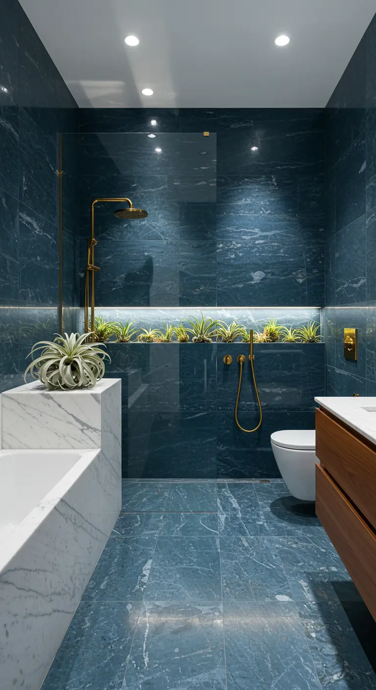 Blue marble bathroom with a long, backlit horizontal niche holding small air plants.