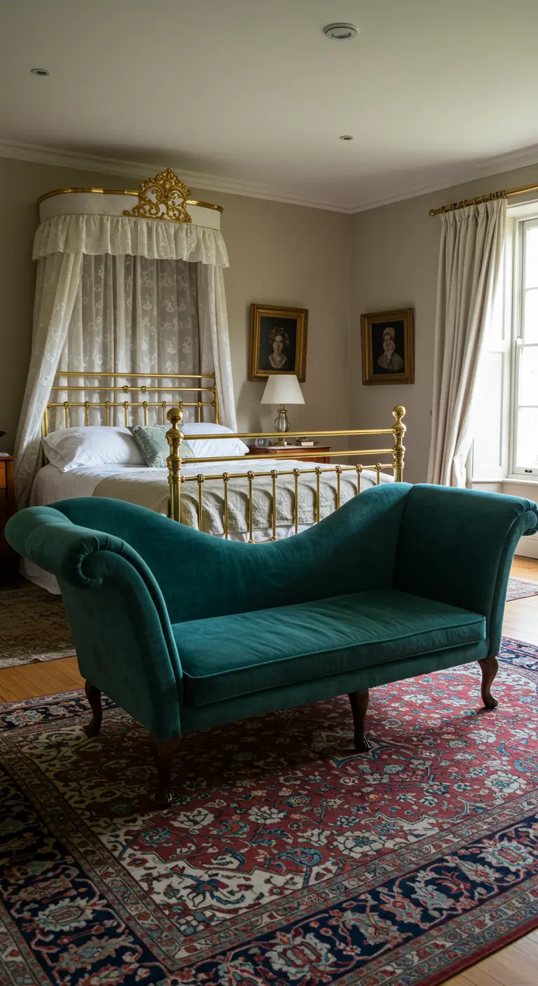 A neutral bedroom featuring a prominent teal velvet chaise lounge in the foreground and a brass bed behind.