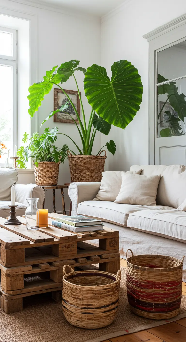 A living room featuring a massive Elephant Ear plant with huge leaves next to a white sofa.