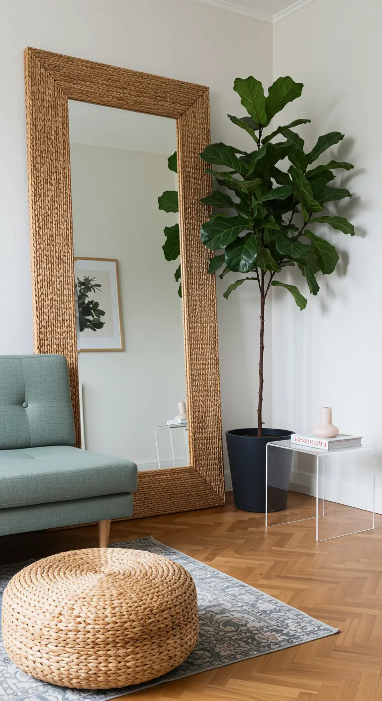 A large floor mirror with a wicker frame reflecting a fiddle-leaf fig tree in a living room.