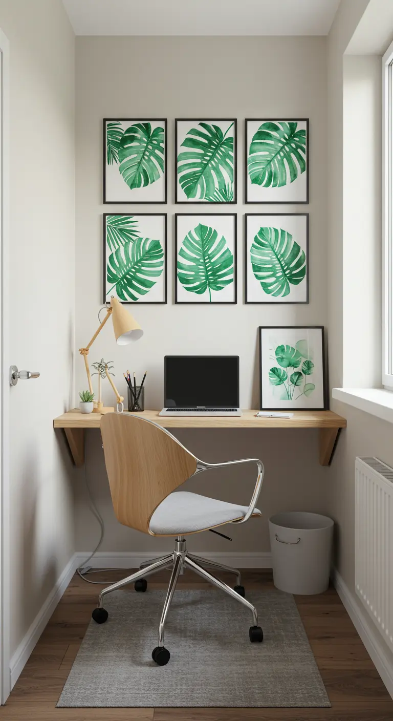 A compact home office nook with a six-print grid of monstera leaves above a floating wood desk.