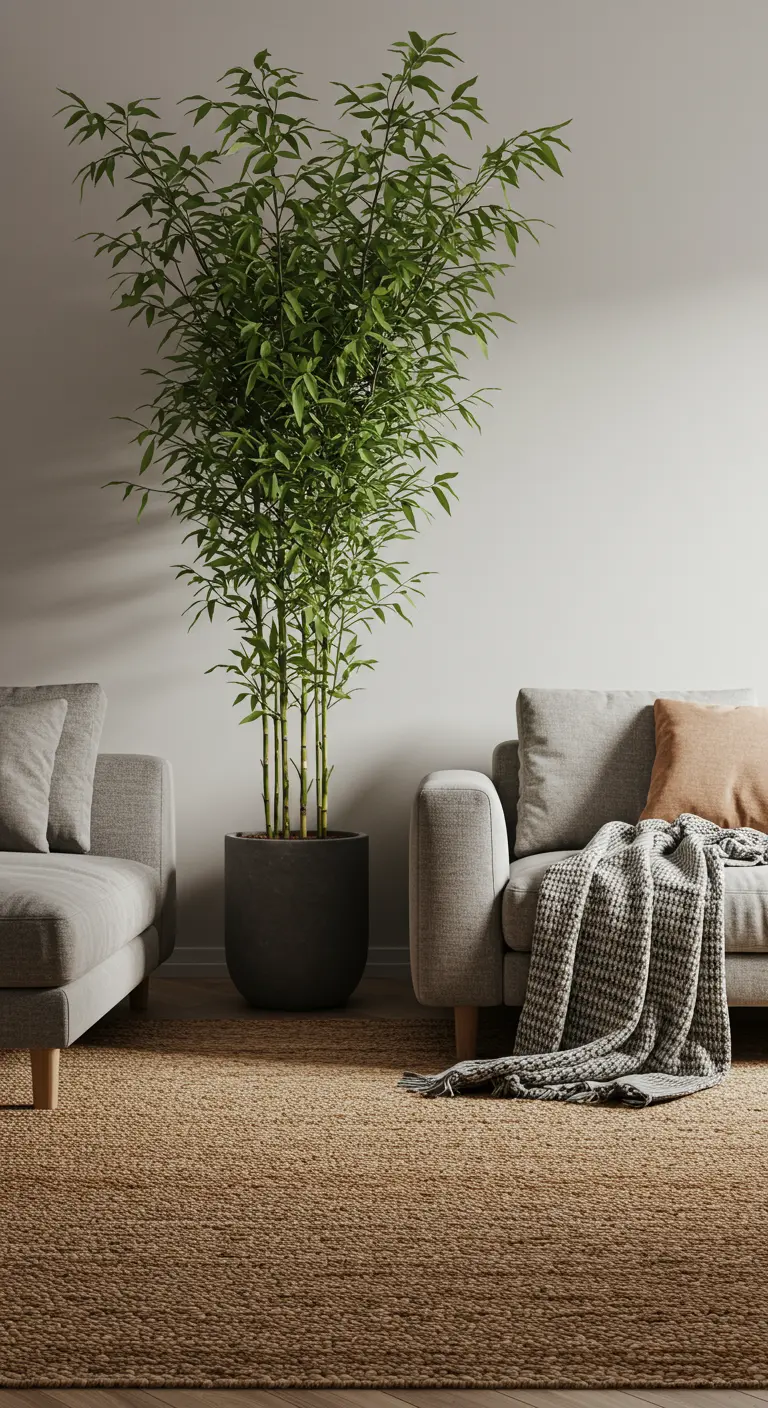 Two gray sofas facing each other, separated by a tall bamboo plant on a jute rug.