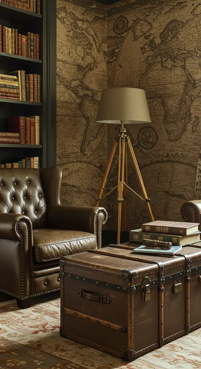 A tufted leather armchair next to a vintage leather trunk used as a coffee table.